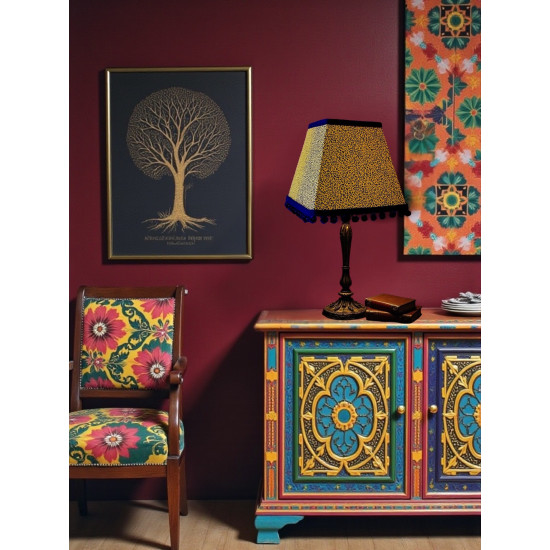 Gold Animal Print and Black Pom Pom Trapezium Fabric Lampshades