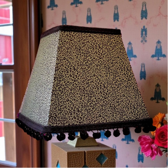 Khaki Green Animal Print and Black Pom Pom Trapezium Fabric Lampshades