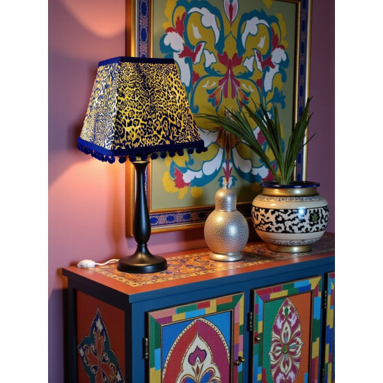 Leopard Animal Print and Black Pom Pom Trapezium Fabric Lampshades