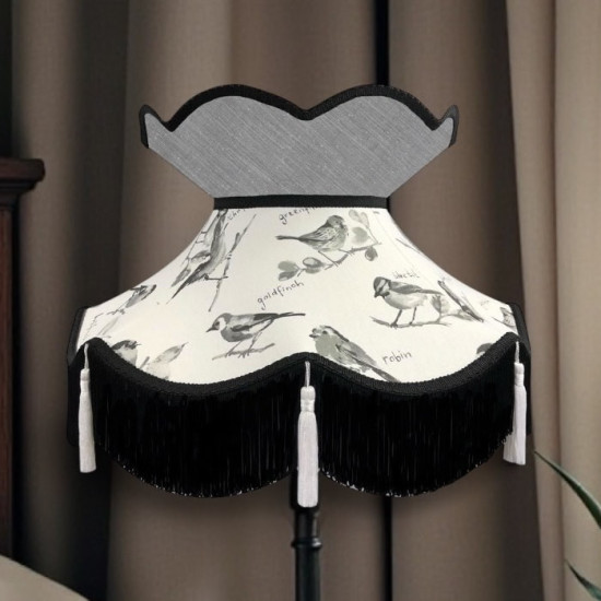 Garden Birds Flint Grey Victorian Fabric Lampshades