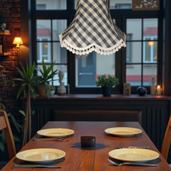 Black Gingham Check Pom Pom Scalloped Fabric Lampshades