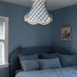 Cornflower Blue Gingham Check Pom Pom Scalloped Fabric Lampshades