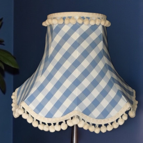 Cornflower Blue Gingham Check Pom Pom Scalloped Fabric Lampshades Cornflower Blue Gingham Check Pom Pom Scalloped Fabric Lampshades