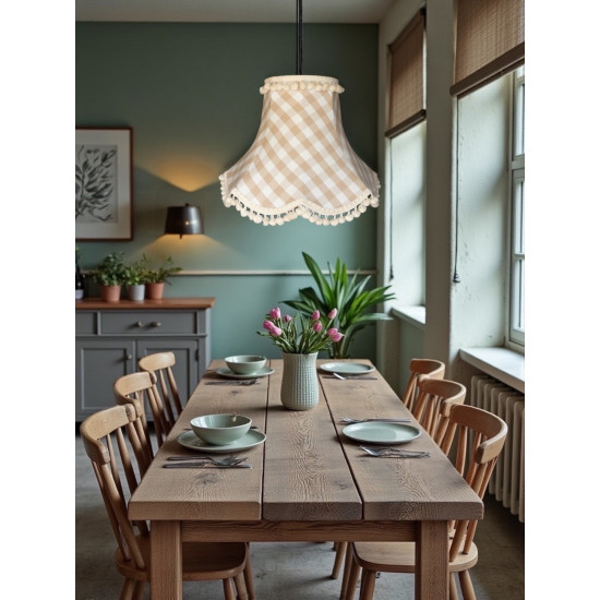 Natural Cream Gingham Check Pom Pom Fabric Lampshades