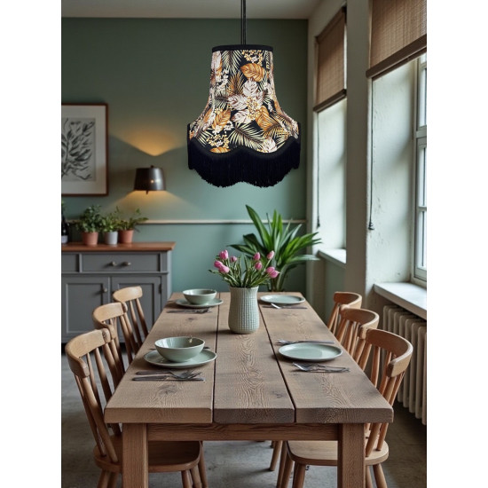 Black Tropical Palm Leaf Fabric Scalloped Bottom Lampshade