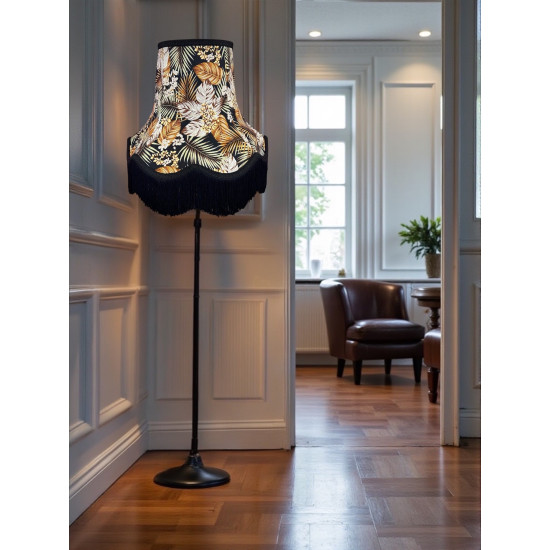 Black Tropical Palm Leaf Fabric Scalloped Bottom Lampshade