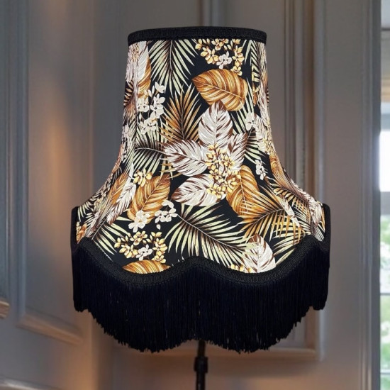 Black Tropical Palm Leaf Fabric Scalloped Bottom Lampshade