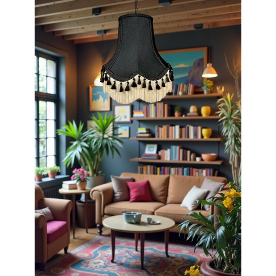 Black and Cream Tassel Scalloped Fabric Lampshades