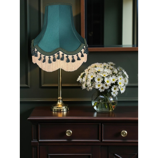 Dark Green and Cream Tassel Scalloped Fabric Lampshades