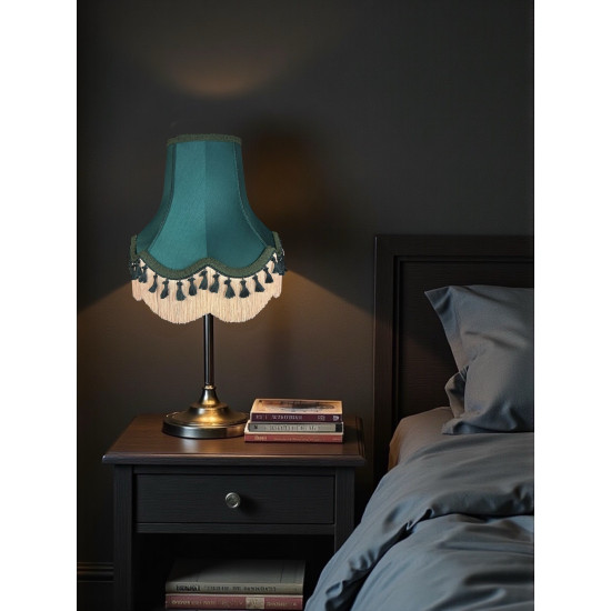 Dark Green and Cream Tassel Scalloped Fabric Lampshades