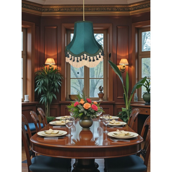 Dark Green and Cream Tassel Scalloped Fabric Lampshades