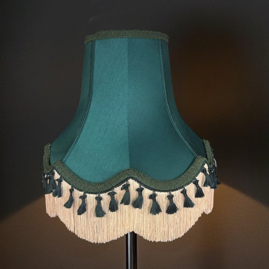 Dark Green and Cream Tassel Scalloped Fabric Lampshades